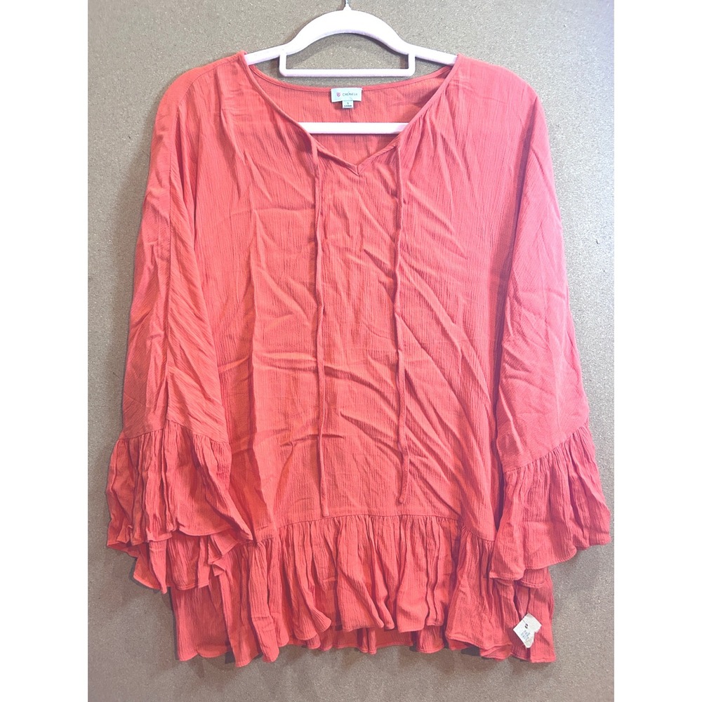 Cremieux Blouse Womens Small‎ Coral New Boho Ruffle Sleeve Crinkle Gauze Top
